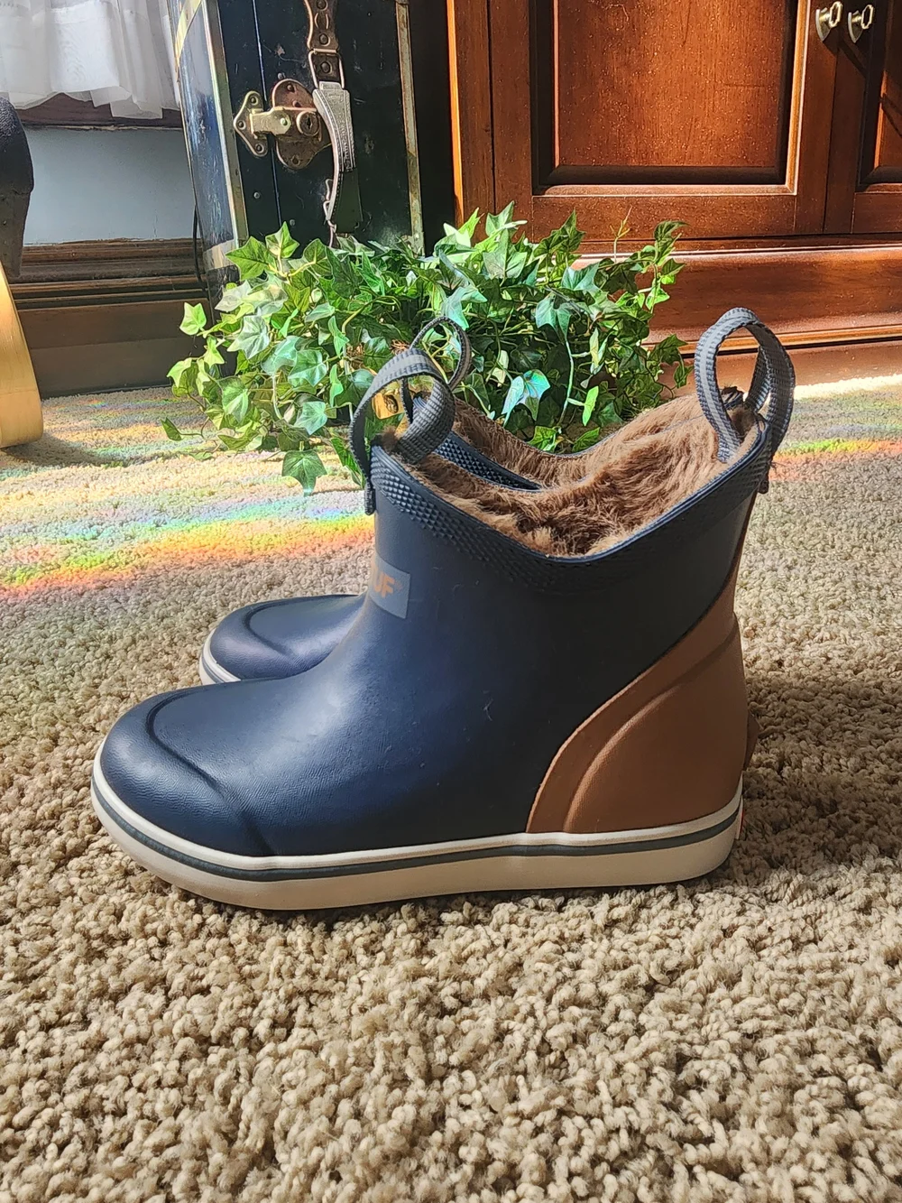 Xtratuf Navy Faux Fur Lined Waterproof Pull-On Boots With Tan Accents - Picture 2 of 11